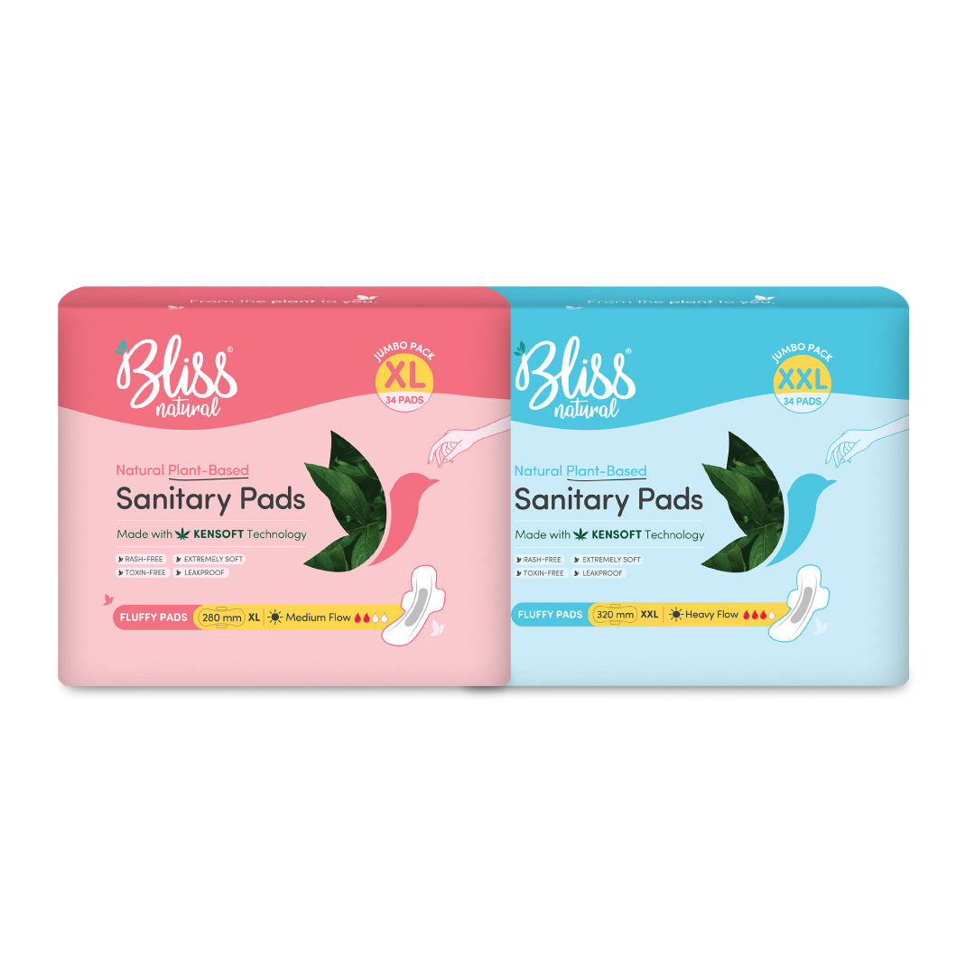 Bliss Organic Sanitary Pads | XL Fluffy Jumbo Pack (34 Pads) + XXL Fluffy Jumbo Pack (34 Pads)