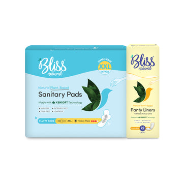 Bliss Natural Plant-Based Sanitary Pads | XXL Fluffy Jumbo Pack (34 Pads) + Bliss Natural Plant-Based Long Panty Liner (20 Liners)