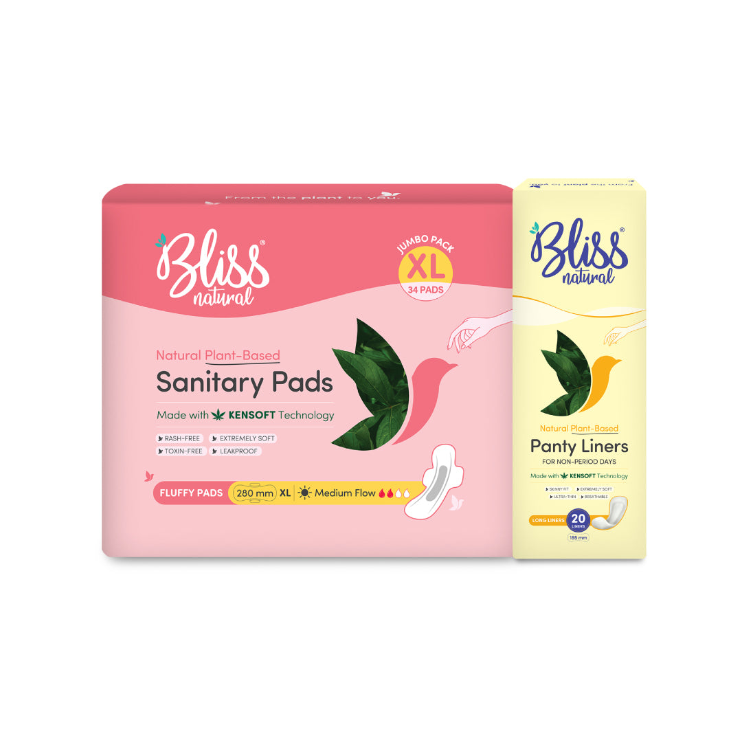 Bliss Natural Sanitary Pads | XL Fluffy Jumbo Pack (34 Pads) + Bliss Natural Plant-Based Long Panty Liner (20 Liners)